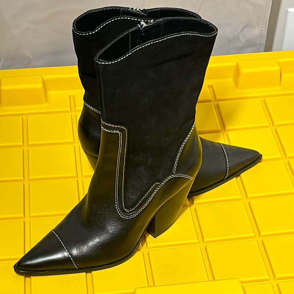 Vince Camuto Black Heeled Boots with White Stitching